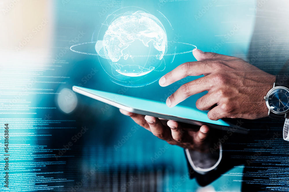 Poster businessman, tablet and futuristic globe networking online for nft, blockchain or crypto with 3d ove