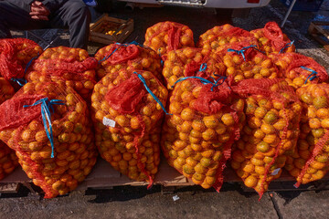 Tangerines in bags are sold in the market. The wholesale vegetable market sells tangerines in large mesh bags. Selective focus.