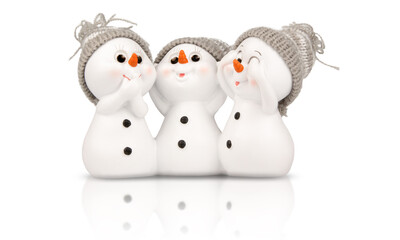 three white snowmen isolated on white background