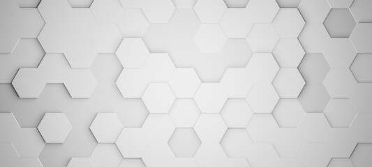 Hexagonal background with white hexagons, abstract futuristic geometric backdrop or wallpaper with copy space for text, 3D rendering