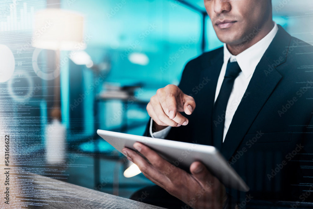 Poster cyber, hacker or businessman with tablet for futuristic cybersecurity, overlay or fintech blockchain