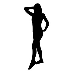 Naklejka na ściany i meble Abstract black silhouette girl on white background. Woman standing and posing. Simple image of modern youth isolated vector illustration