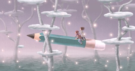 A boy and a girl riding a flying pencil in a fantasy landscape. Concept idea art of child, education, school, freedom, dream, kid, . 3d illustration. Conceptual artwork. Surreal painting. 