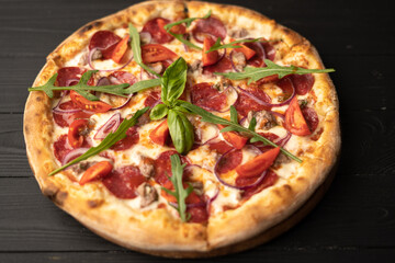 Pizza menu for Restaurants or pizzerias, template with delicious taste pepperoni pizza, mozzarella cheese and copy space