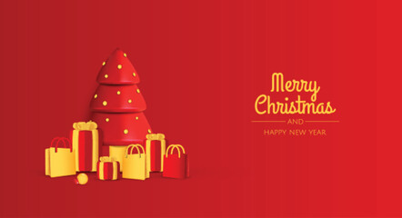 Merry Christmas and Happy New Year. Christmas background design, Christmas trees, decorative balls, gift. Festive gift card, holiday poster, web banner, website header.