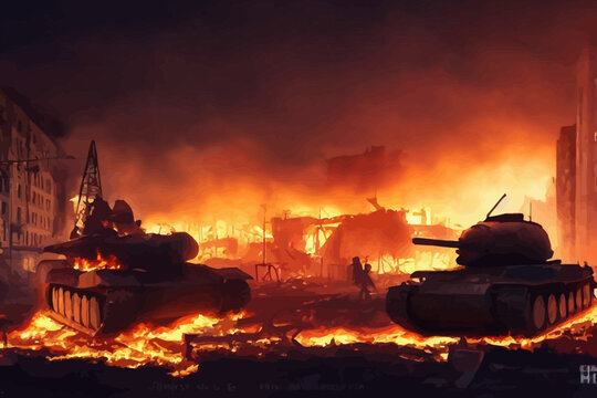 urban battlefield scene of war tank among burnt city