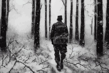 soldier standing in winter forest, war