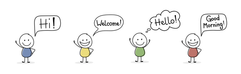 Happy stickman with greeting - welcome, hello, hi, good morning. Vector
