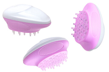 Close up of three battery operated scalp massage brushes, shampoo brushes or scalp massager for exfoliating and massaging the scalp. Beauty and health concept. - obrazy, fototapety, plakaty
