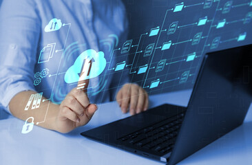 Digital system for transferring documents. FTP(File Transfer Protocol) files receiver and computer backup copy. File sharing isometric. Exchange information and data with internet cloud technology. 