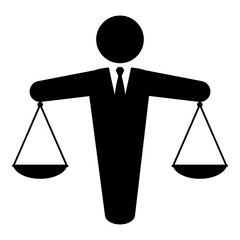 Logo justicia. Icono igualdad. Ilustración con silueta aislada de hombre de pie con corbata con balanza - obrazy, fototapety, plakaty