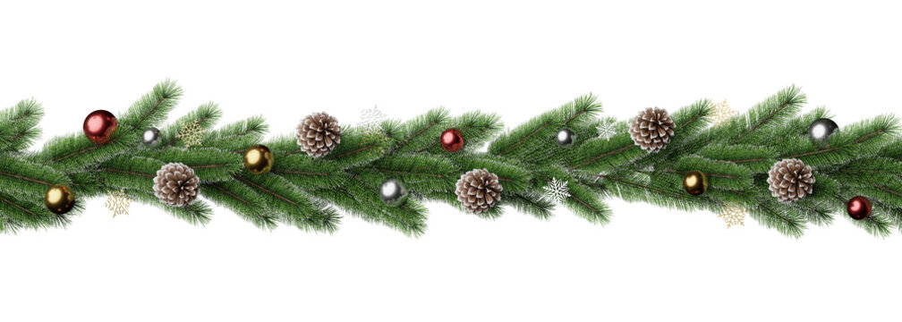 Christmas or Happy New Year. ornament pine branch isolated on white background. 3d bauble balls, glitter gold. Christmas poster, greeting cards. Flat lay, top view. Christmas 3d render