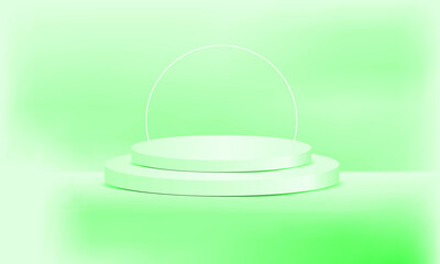 Pedestal of Platform display with modern stand podium on green room background. Blank Exhibition stage backdrop or empty product shelf. 3D rendering.


