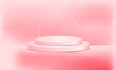 Pedestal of Platform display with modern stand podium on pink room background. Blank Exhibition stage backdrop or empty product shelf. 3D rendering.

