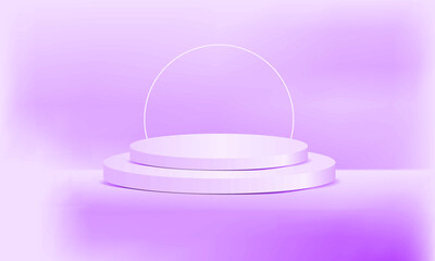 Pedestal of Platform display with modern stand podium on purple room background. Blank Exhibition stage backdrop or empty product shelf. 3D rendering.