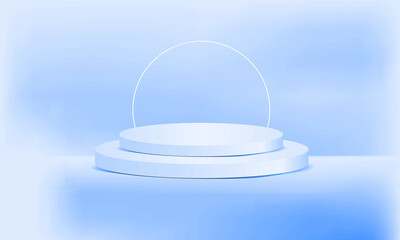 Pedestal of Platform display with modern stand podium on blue room background. Blank Exhibition stage backdrop or empty product shelf. 3D rendering.