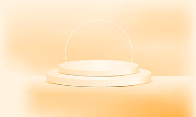 Pedestal of Platform display with modern stand podium on orange room background. Blank Exhibition stage backdrop or empty product shelf. 3D rendering