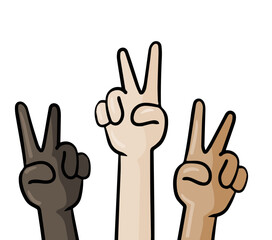 Multiculturalism and diversity. Cartoon Hands show victory sign