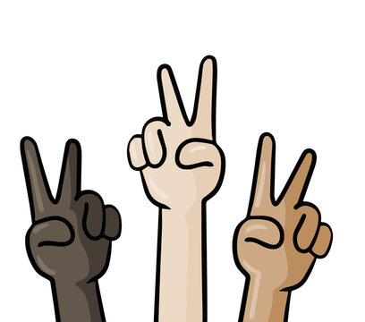 Multiculturalism And Diversity. Cartoon Hands Show Victory Sign