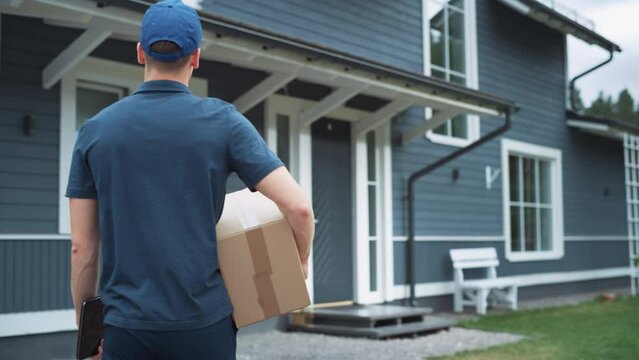 Follow Footage of a Young Mailman Bringing a Medium Cardboard Parcel to a Private House in Suburbs. Handsome Homeowner Greeting the Employee, Leaving a Signature on a Device and Nodding Goodbye.