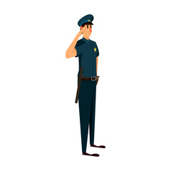 Policeman character gives a military salute. Vector illustration of patrol officer. Cartoon Policeman isolated on white