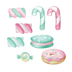 Watercolor clipart with sweets: donut, marshmallow, candy cane, macaron. Food illustration isolated on white background in cartoon style