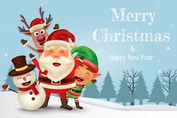 Merry Christmas and happy new year. Elf, Santa Claus, Snowman and Reindeer  in winter season.