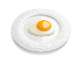 Plate with tasty fried egg isolated on white