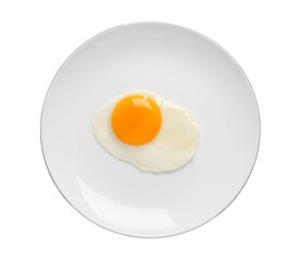 Plate with tasty fried egg isolated on white, top view