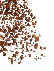 Pouring aromatic instant coffee on white background