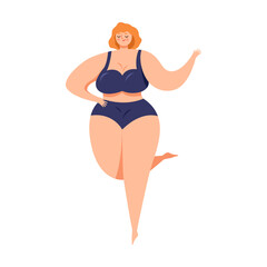 Plus size beautiful woman in a blue bathing suit. Vector illustration of female character in bikini. Cartoon person isolated on white