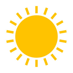 Shape of round sun. Vector illustration of bright yellow round sun with rays in summer. Cartoon sunrise glow isolated on white