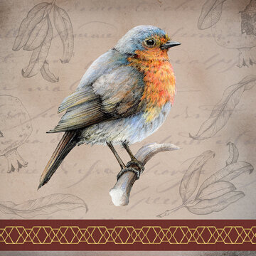 Robin bird vintage style illustration. Hand drawn watercolor retro image. Beautiful bright robin bird on a branch vintage style decoration. Retro texture fade colors background