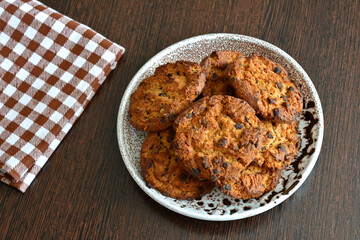 american biscuits with chocolate isolated on plate, close-up