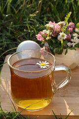 Cup of aromatic herbal tea, pestle and ceramic mortar with different wildflowers on green grass outdoors
