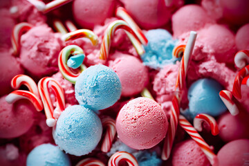 Delicious Christmas ice cream in assortment in various colors. Colorful Sweet holiday candies. Sweets on an abstract background