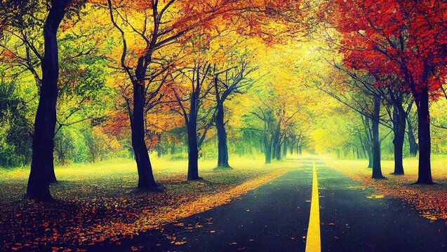 Beautiful autumn landscape with an empty road surrounded by colorful trees.