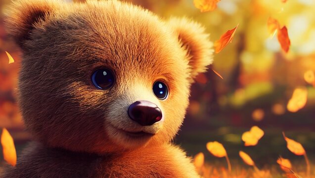 Cute cartoon-style baby bear surrounded by autumn foliage.