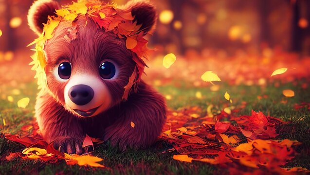 Cute cartoon-style baby bear surrounded by autumn foliage.
