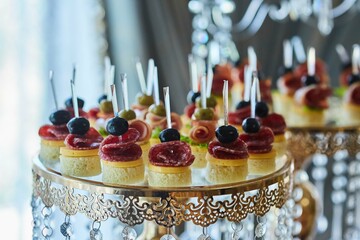 Delicious and mouth-watering canapes with various fillings. Decoration for a festive table