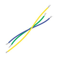 Colored clippings of broken electrical cable. Vector illustration of damaged cords for power, connection. Cartoon torn wires with plug isolated on white