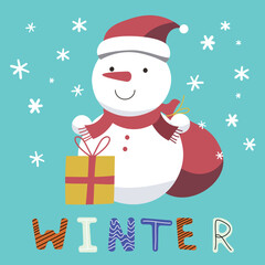 Cheerful cute snowman on a blue background. A smile on his face. Nose carrot. Winter child play. Snowfall. Vector flat illustration EPS
