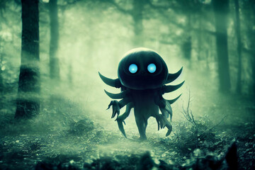 Scary and cute nightmare alien monster in the dark forest. Dangerous and friendly monster alien looking at the camera. Spirits of the forest