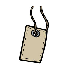 Cardboard label with rope. Empty template for cardboard tag for Sale and retail. Hand-drawn store price. Outline cartoon illustration