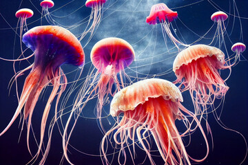 Group of colorful jellyfish underwater. Fantastic creatures, fantasy design, colorful dreamy creatures