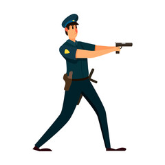 Policeman character aiming gun at criminal. Vector illustration of patrol officer. Cartoon Policeman isolated on white