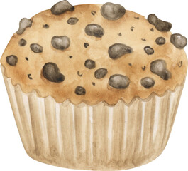Baked muffin with chocolate drops watercolor illustration. Homemade cupcake clipart element.