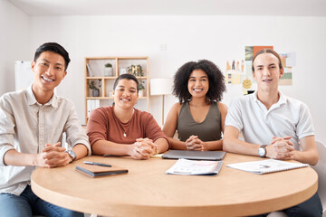 Portrait, creative and businesspeople together for brainstorming web design strategy. Group, proud and innovation with designer team ready for office vision with creativity in a design studio