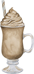 Irish cream coffee drink watercolor illustration. Cofee beverage hand drawn clipart element.