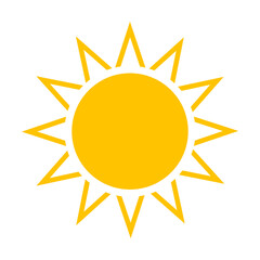 Shape of bright sun. Vector illustration of bright yellow round sun with rays in summer. Cartoon sunrise glow isolated on white